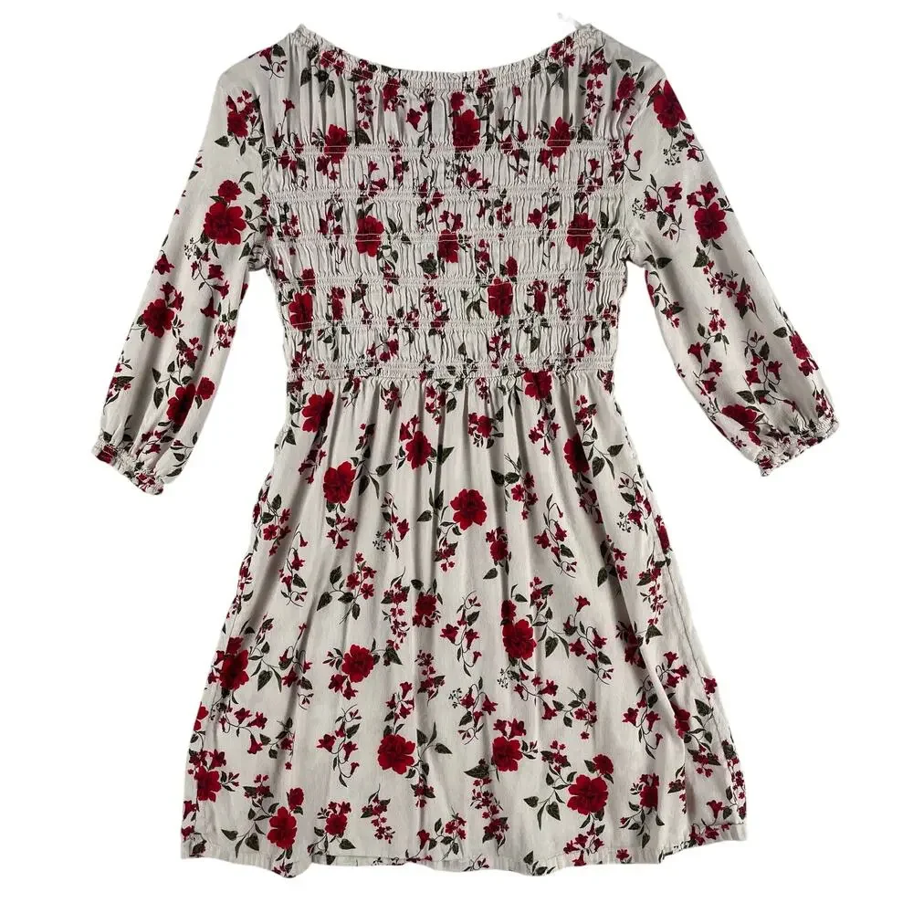 Old Navy Girls Smocked Floral Fit & Flare Dress XL 14-16 Cream Red Long Sleeve